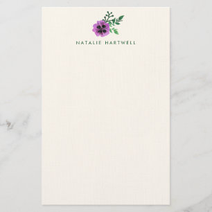 Paarse Pansy Gepersonaliseerde Linnen Stationery Briefpapier