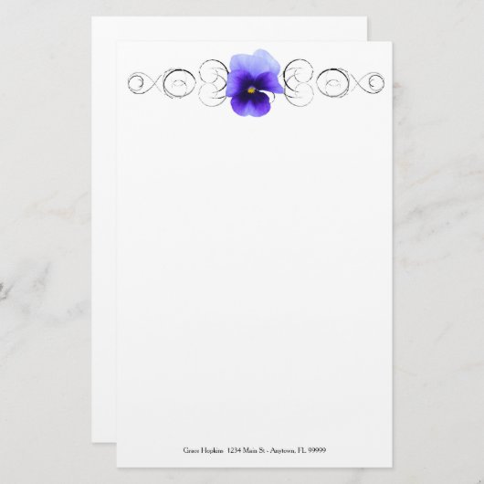 Paarse Pansy Personalized Stationery Briefpapier (Voorkant / Achterkant)