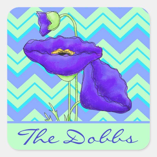 Paarse papaver, gepersonaliseerd groen Chevron Ziz Vierkante Sticker (Voorkant)