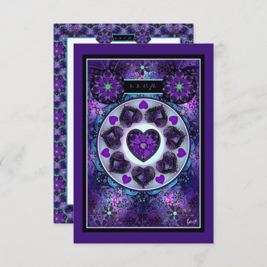 Paarse paraplu & harten .7 RSVP kaartje (Voorkant / Achterkant)