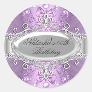 Paarse Parel & Diamant Damast Verjaardagssticker Ronde Sticker