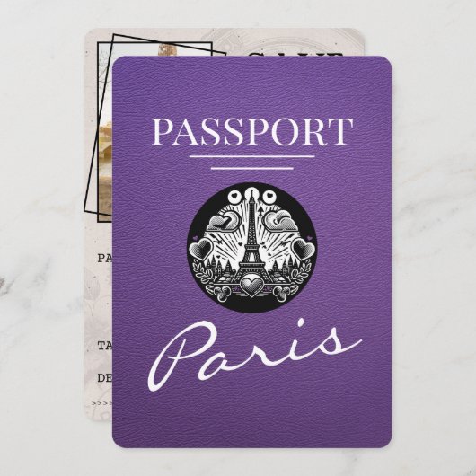 Paarse Parijse paspoort Bewaar de datum Save The Date (Voorkant / Achterkant)