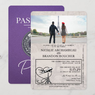 Paarse Parijse Paspoort Bruiloft Kaart