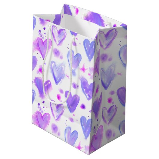 Paarse Passie Waterverf Harten Medium Cadeauzakje (Achterkant Gekanteld)