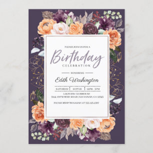 Paarse Peach Floral Herfst Birthday Uitnodiging
