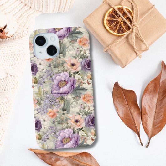 Paarse Peach Flowers Floral Shabby Chic Case-Mate iPhone Case