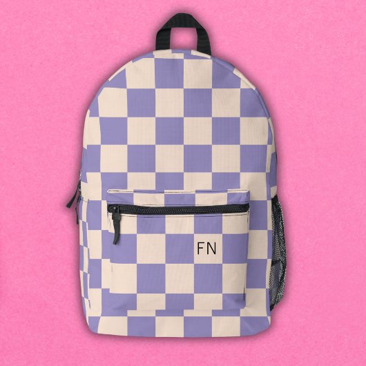 Paarse & Peach Monogram Initialen Checkerboard Bedrukte Rugzak