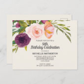 Paarse Peach Waterverf Floral Ivory 50th Birthday Briefkaart (Voorkant / Achterkant)