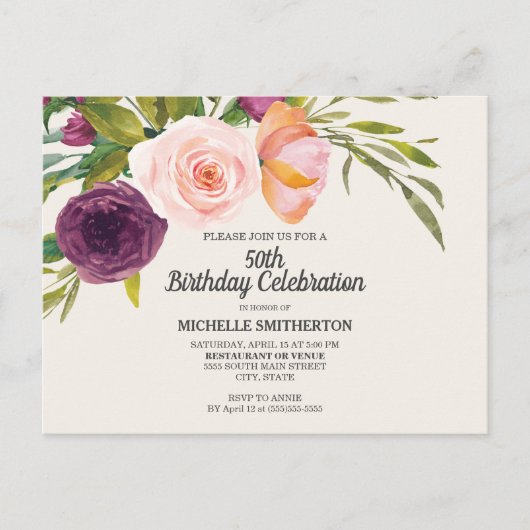 Paarse Peach Waterverf Floral Ivory 50th Birthday Briefkaart (Voorkant)