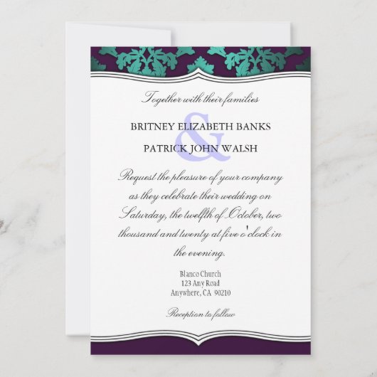 Paarse Peacock en Blauwgroen uitnodigingen voor he (Achterkant)