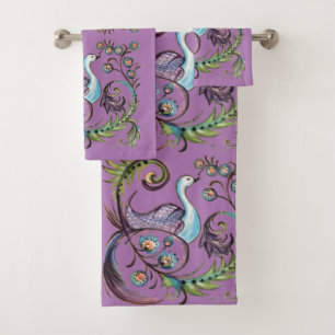 Paarse Peacock Exotic Turquoise Scroll Chinoiserie Bad Handdoek