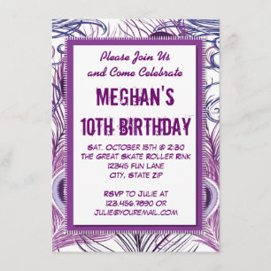 Paarse Peacock Feathers Birthday Party Invitations Kaart