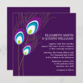 Paarse Peacock Feathers Wedding Kaart (Voorkant / Achterkant)