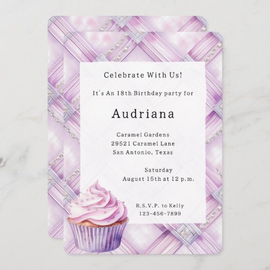 Paarse Pearl Pink Cupcake Verjaardag Kaart (Voorkant / Achterkant)