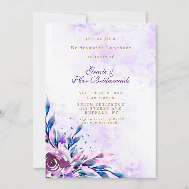 Paarse Peony Gold Bridesmaids Luncheon Invites (Voorkant)