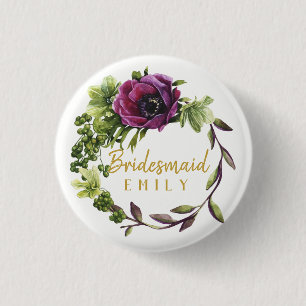 Paarse Peony Wreath Bridesmaid Name ID456 Ronde Button 3,2 Cm