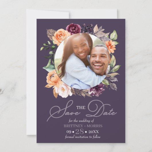 Paarse perforatie Herfst bespaart de datum bruilof Kaart (Voorkant)