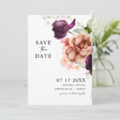 Paarse & perzik bloemen opslaan de datum Kaart (Staand voorkant)