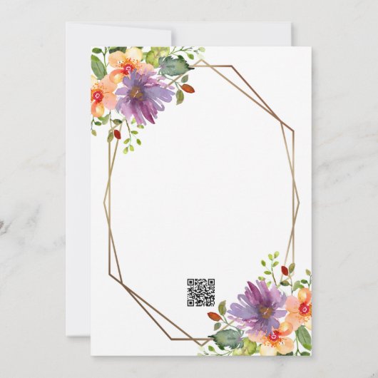 Paarse Perzik Bloemen QR Code Modern Huwelijksdeta Kaart (Achterkant)