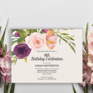 Paarse Perzik Waterverf Bloem Ivory 16e Verjaardag Briefkaart