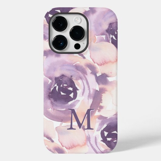 Paarse Perzik Waterverf Bloemenmonogram Case-Mate iPhone Case (Achterkant)