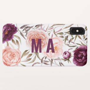 Paarse + perzik waterverf florale herfst monogram iPhone XS max hoesje