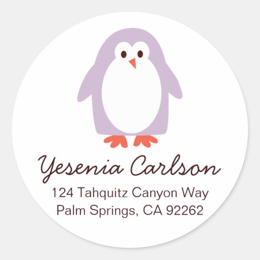 Paarse Pinguïn Adresetiketten Ronde Sticker (Voorkant)
