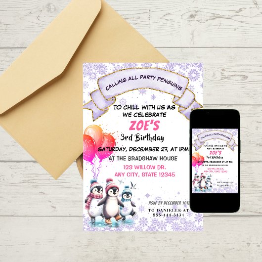 Paarse pinguïns schaatsen verjaardagsuitnodiging kaart