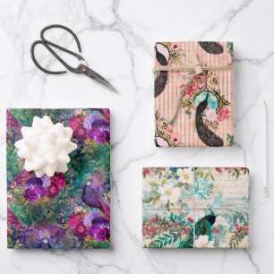 Paarse Pink Peacock Floral Inpakpapier Vel