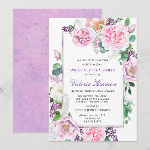 Paarse Pink Peony Roos Floral Sweet 16 Party Kaart