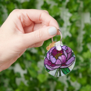 Paarse Pioen Gebrandschilderd Glas Sleutelhanger