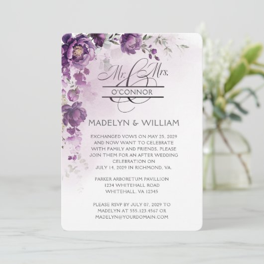 Paarse pioen receptie alleen uitnodiging (Staand voorkant)