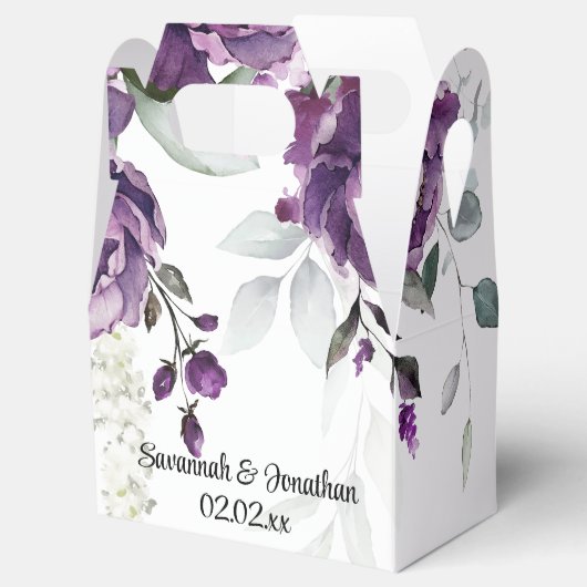 Paarse pioenen en salie groen bruiloft gunst bedankdoosjes (Geopend)
