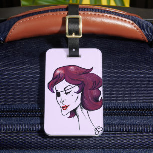 Paarse Piraten Dame Paars Haar Vrouw Tekening Kuns Bagagelabel