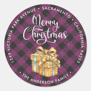 Paarse Plaid Merry Christmas Retouradreslabels Ronde Sticker