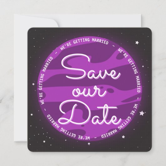 Paarse planet ruimte die onze datum leek te sparen notitiekaartje (Voorkant)
