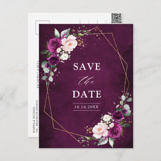 Paarse Plum Blush Rozen Geometrisch Bewaar de datu Briefkaart (Voorkant / Achterkant)