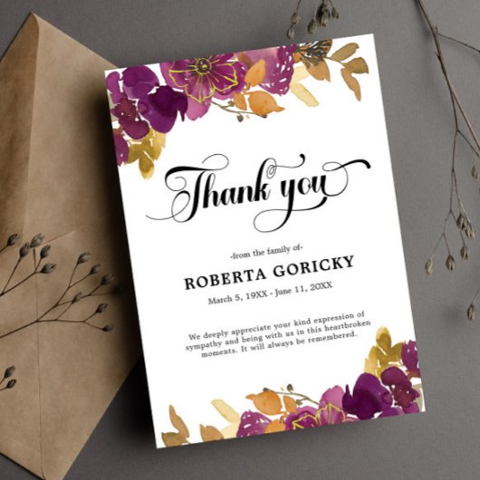 Paarse Plum Floral begrafenis Bedankkaart