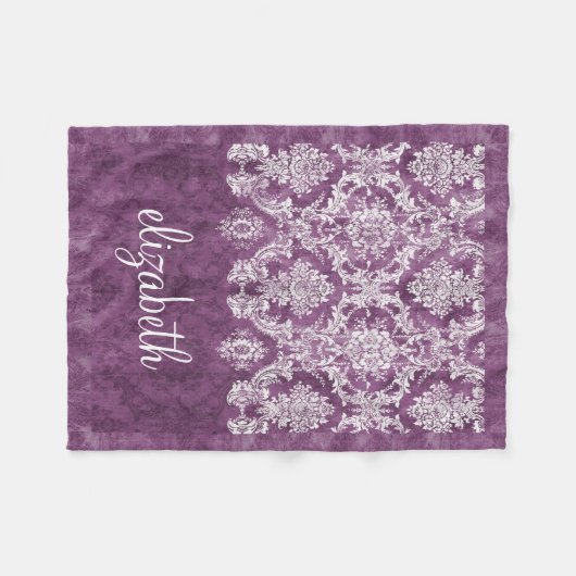 Paarse Plum Grunge Damask Patroonscriptienaam Fleece Deken (Voorkant (Horizontaal))