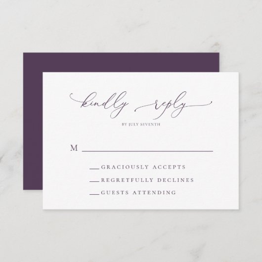 Paarse Plum Minimalist Modern Wedding RSVP Kaart (Voorkant / Achterkant)
