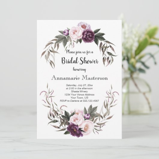 Paarse Plum Pink Peonies krans Vrijgezellenfeest Kaart (Staand voorkant)