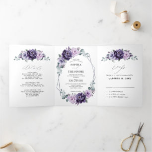 Paarse Plum Silver Floral Blooms Geometric Wedding Drieluik Aankondiging