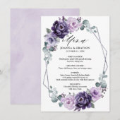 Paarse Plum Silver Floral Blooms Geometric Wedding Menu (Voorkant / Achterkant)