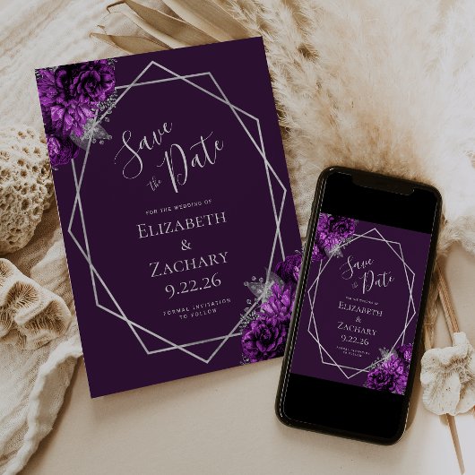 Paarse Plum Silver Floral Geometric Save the Date