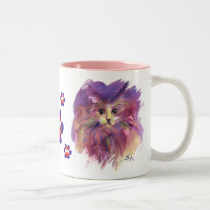 PAARSE POES KAT PORTRET MET KLEURRIJKE POTEN TWEEKLEURIGE KOFFIEMOK