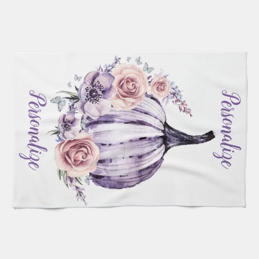 Paarse pompoen schattige herfsten herfst bloemen theedoek (Horizontaal)