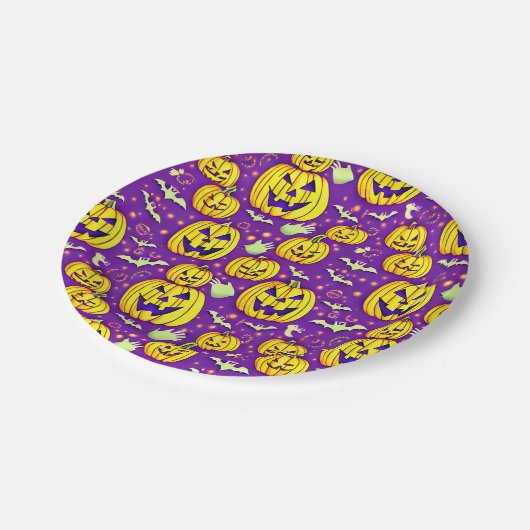 Paarse pompoenen en vleermuizen Halloween Papieren Bordje (Gekanteld)