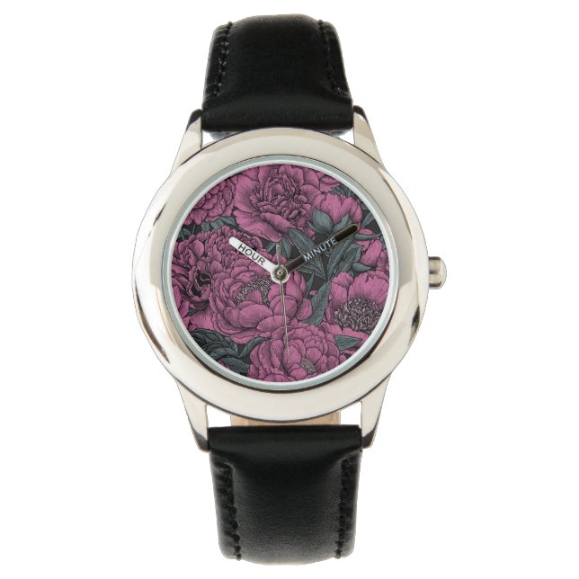 Paarse pony-bloemen horloge (Voorkant)