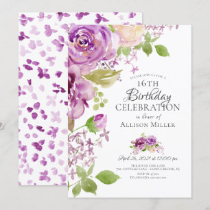 Paarse pony's Floral 16e verjaardag uitnodiging