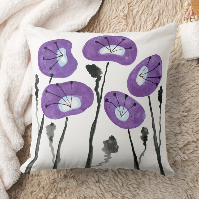 Paarse Poppies Boho Moderne Waterverf Bloemen Kussen (Deken)
